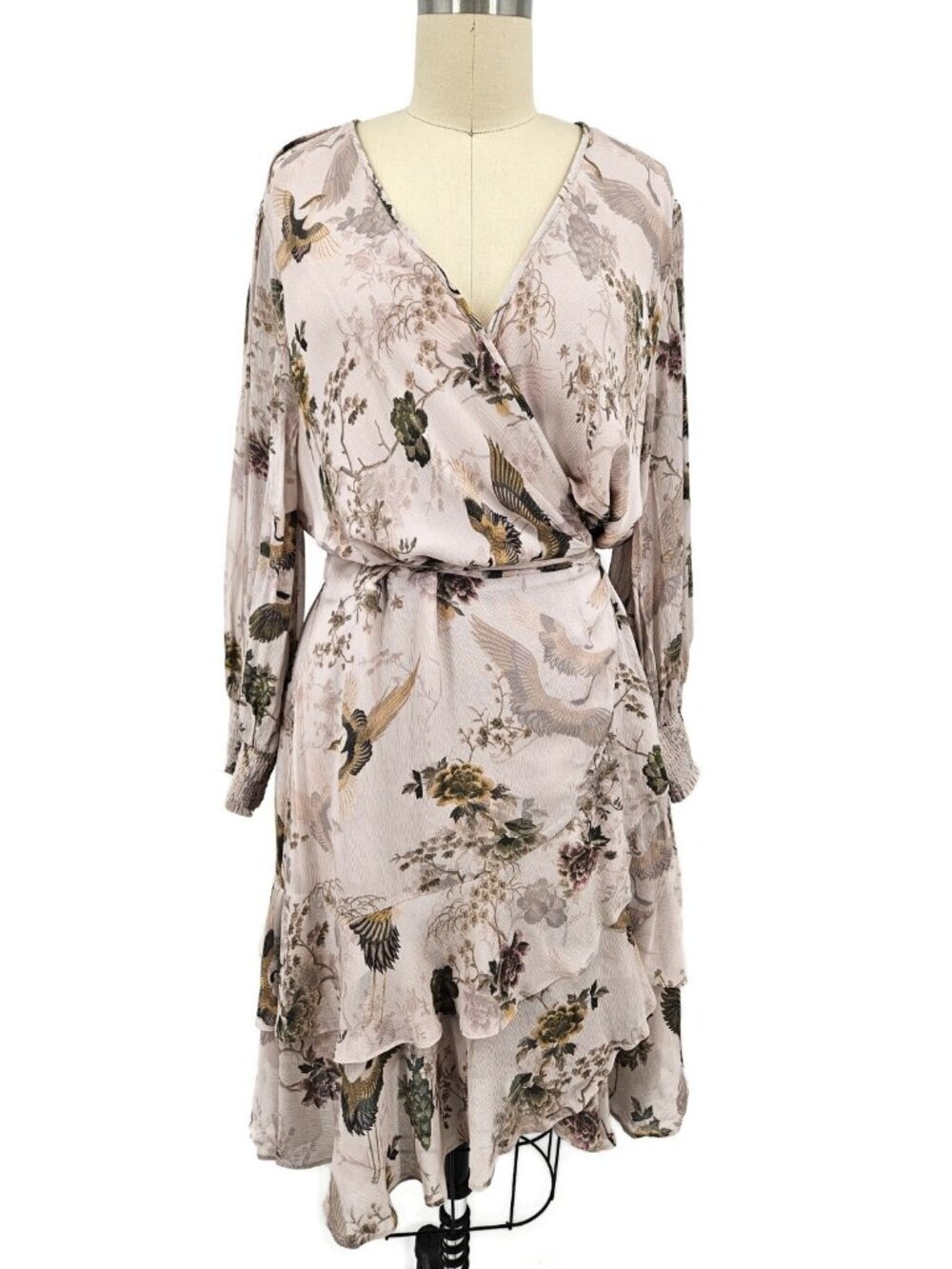 Allsaints Ari Peggy Floral Print Wrap Dress Womens 12 Dusty Pink Crane  Ruffles - Picture 2 of 9